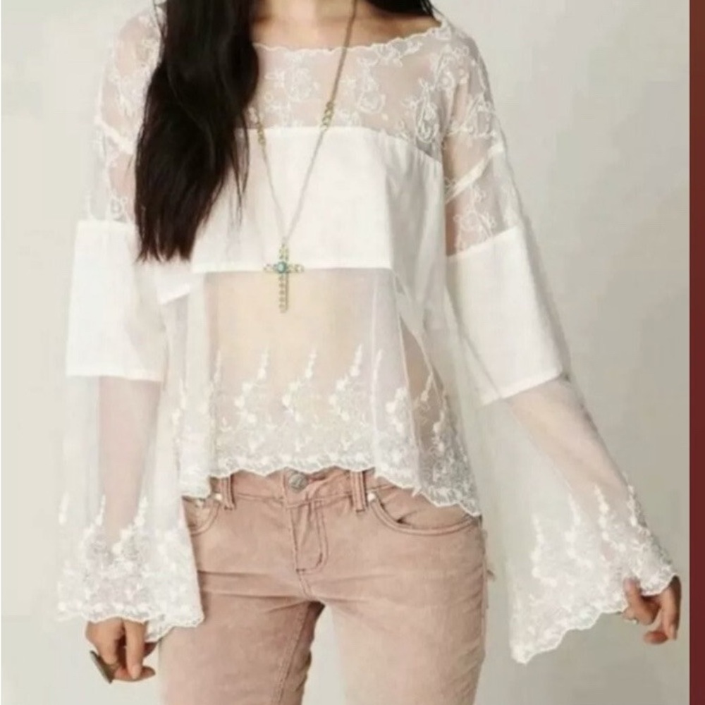 Free People Sheer White Lace Blouse